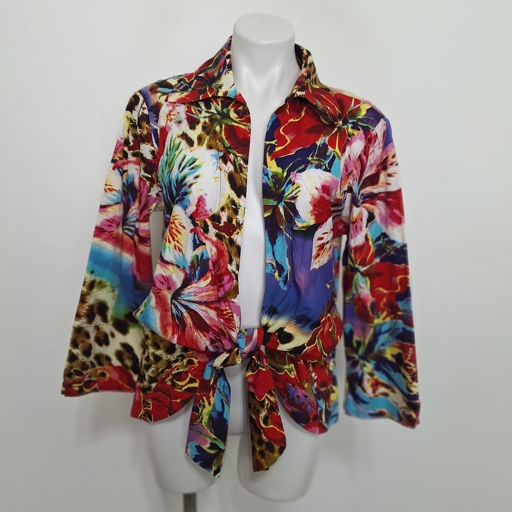Mishca Floral Animal Print Mobwife 3/4 Maximalism Boho Tie Front Blouse Size XL